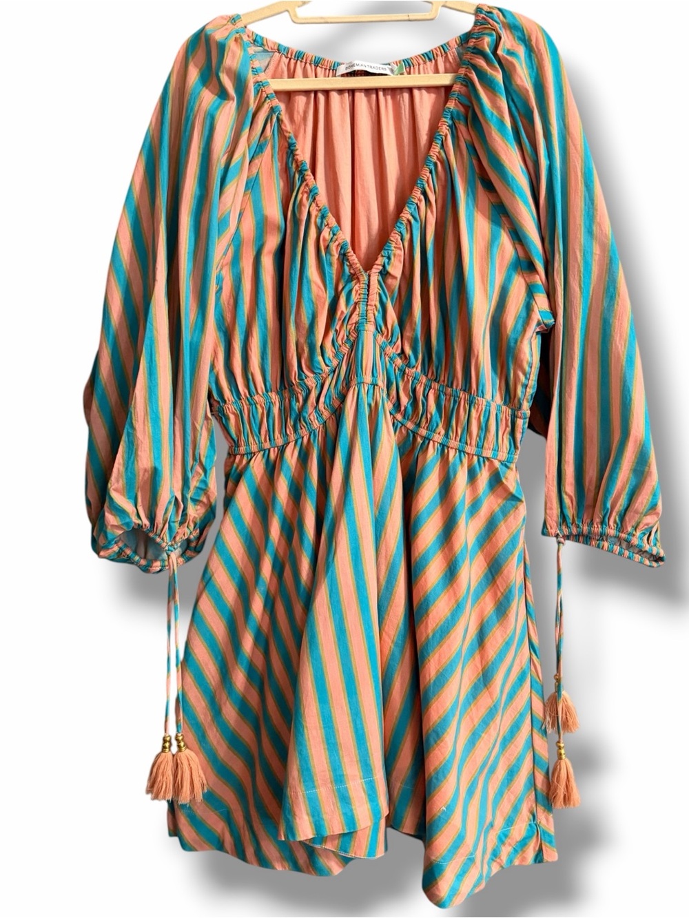 Bohemian Traders Deep V Smocked Dress in Candy Stripe Peach Teal Size XL